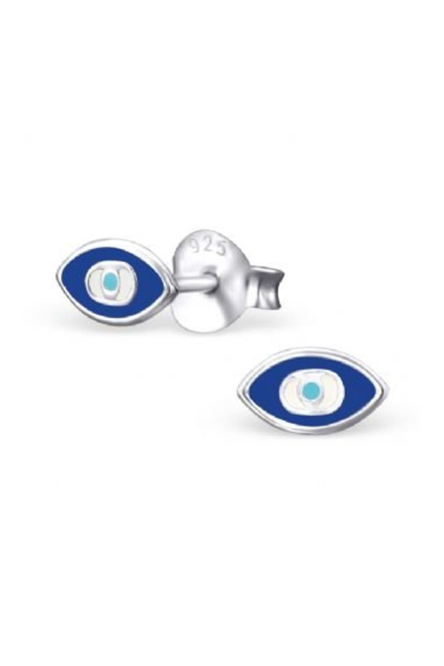 Small evil eye stud earrings in sterling silver on a white background