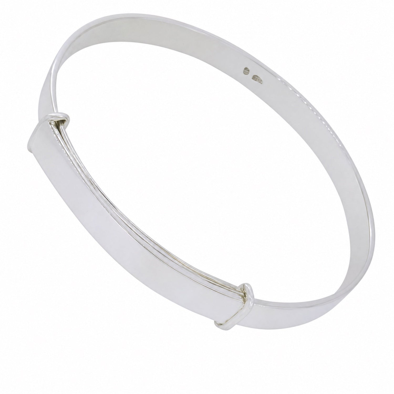 Expandable sterling silver bangle in a flat 5mm design on a white background