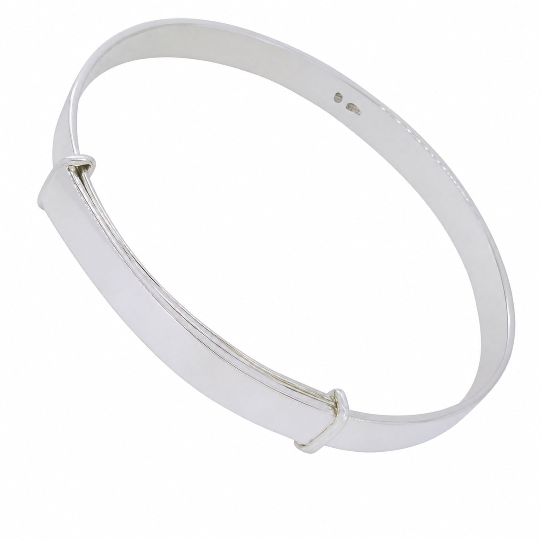 Expandable sterling silver bangle in a flat 5mm design on a white background