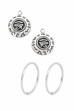 Sterling silver Egyptian Eye of Horus charms with sleeper earrings on a white background