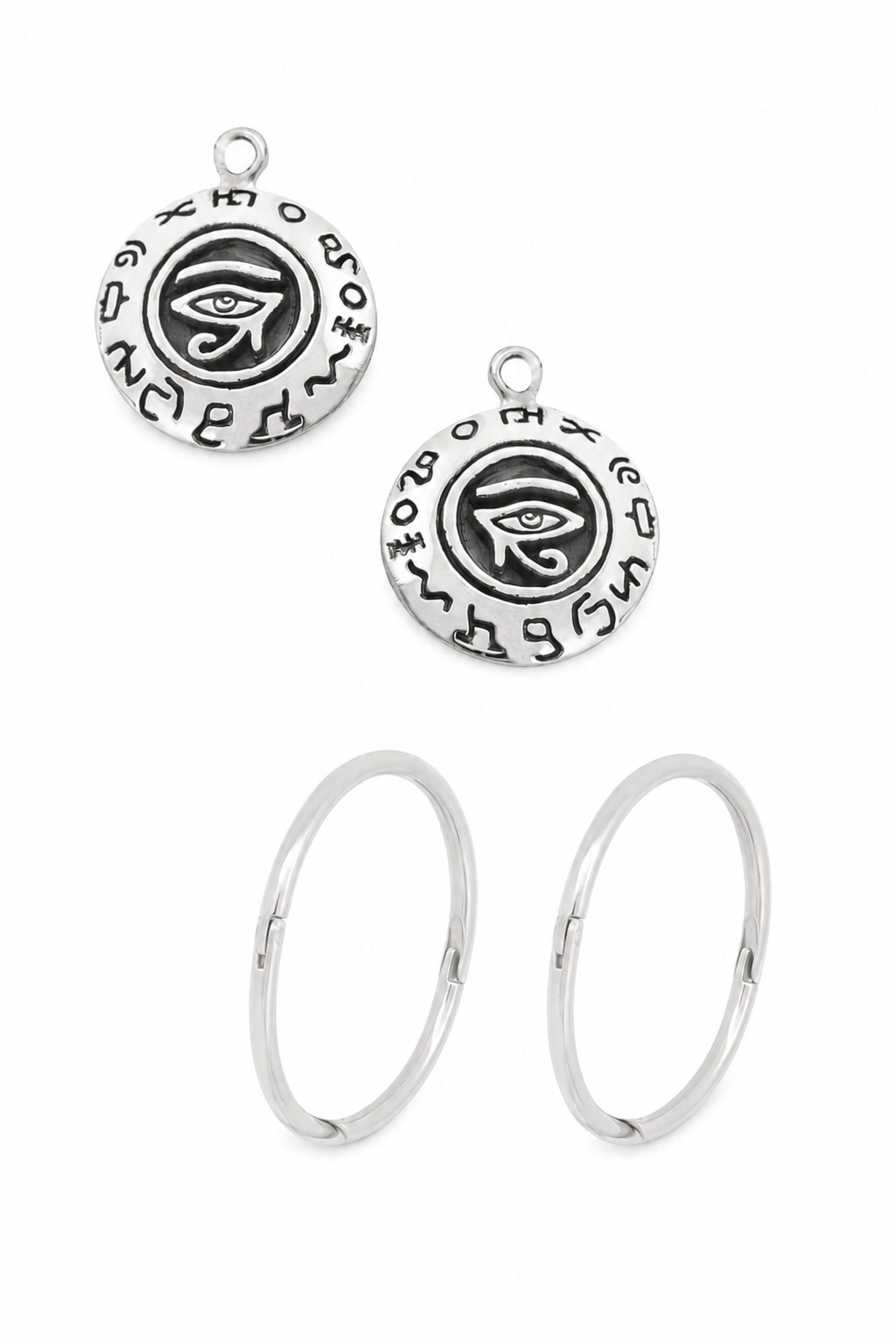 Sterling silver Egyptian Eye of Horus charms with sleeper earrings on a white background