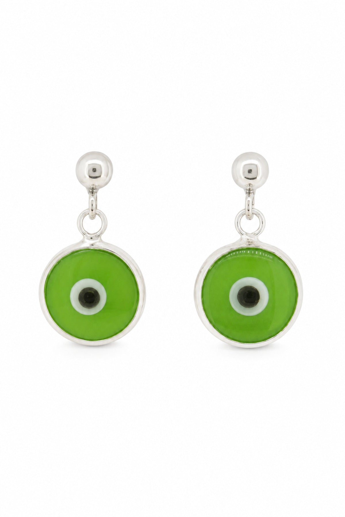 Green evil eye sterling silver ball stud earrings on a white background