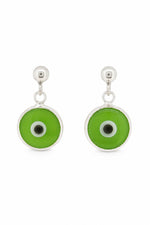 Green evil eye sterling silver ball stud earrings on a white background