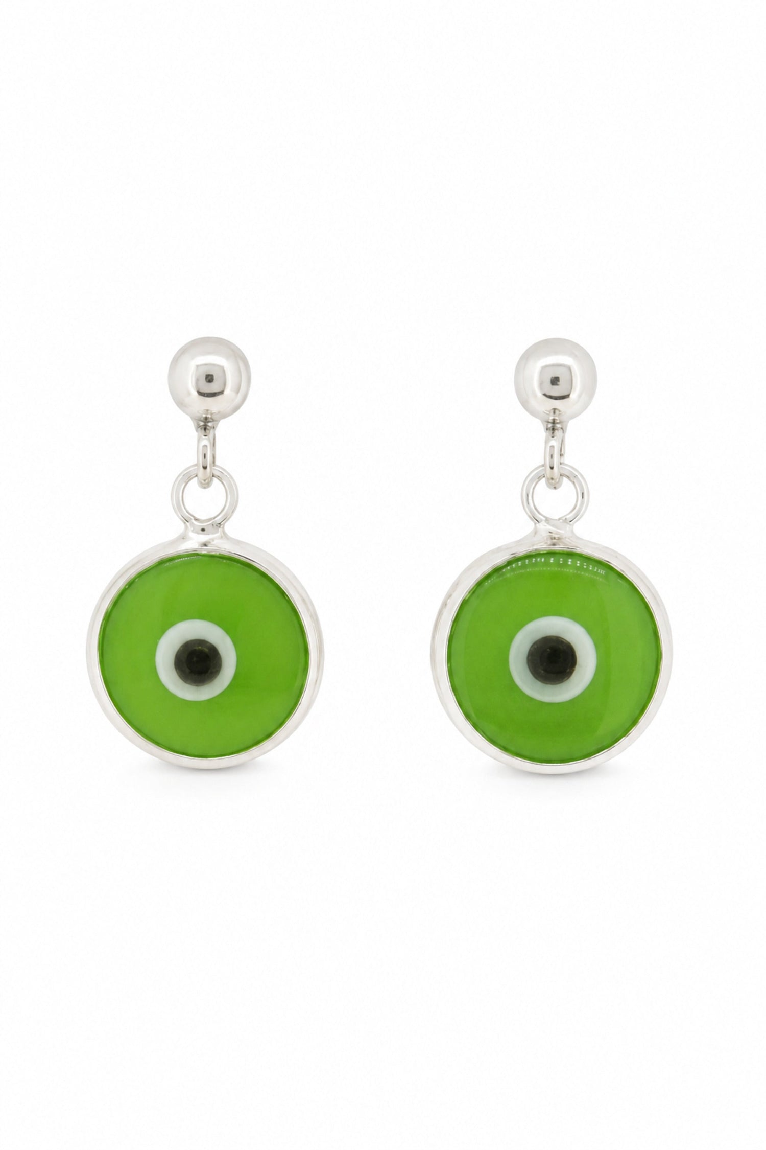 Green evil eye sterling silver ball stud earrings on a white background