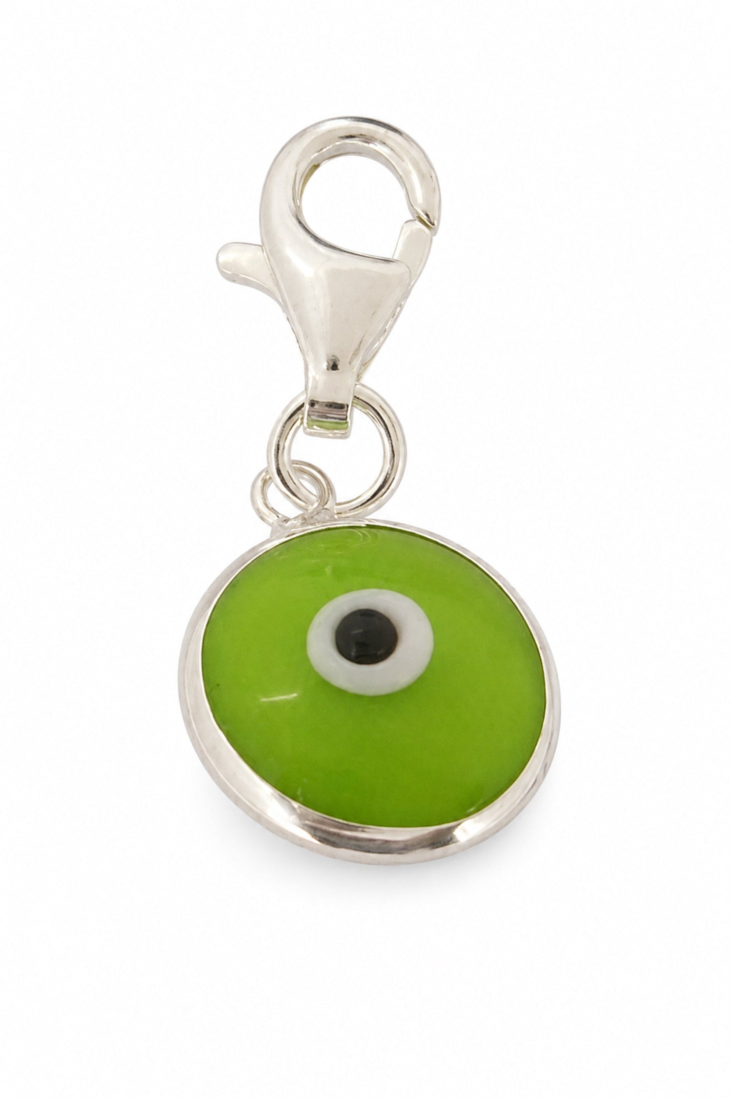 Green evil eye sterling silver clip-on charm on a white background