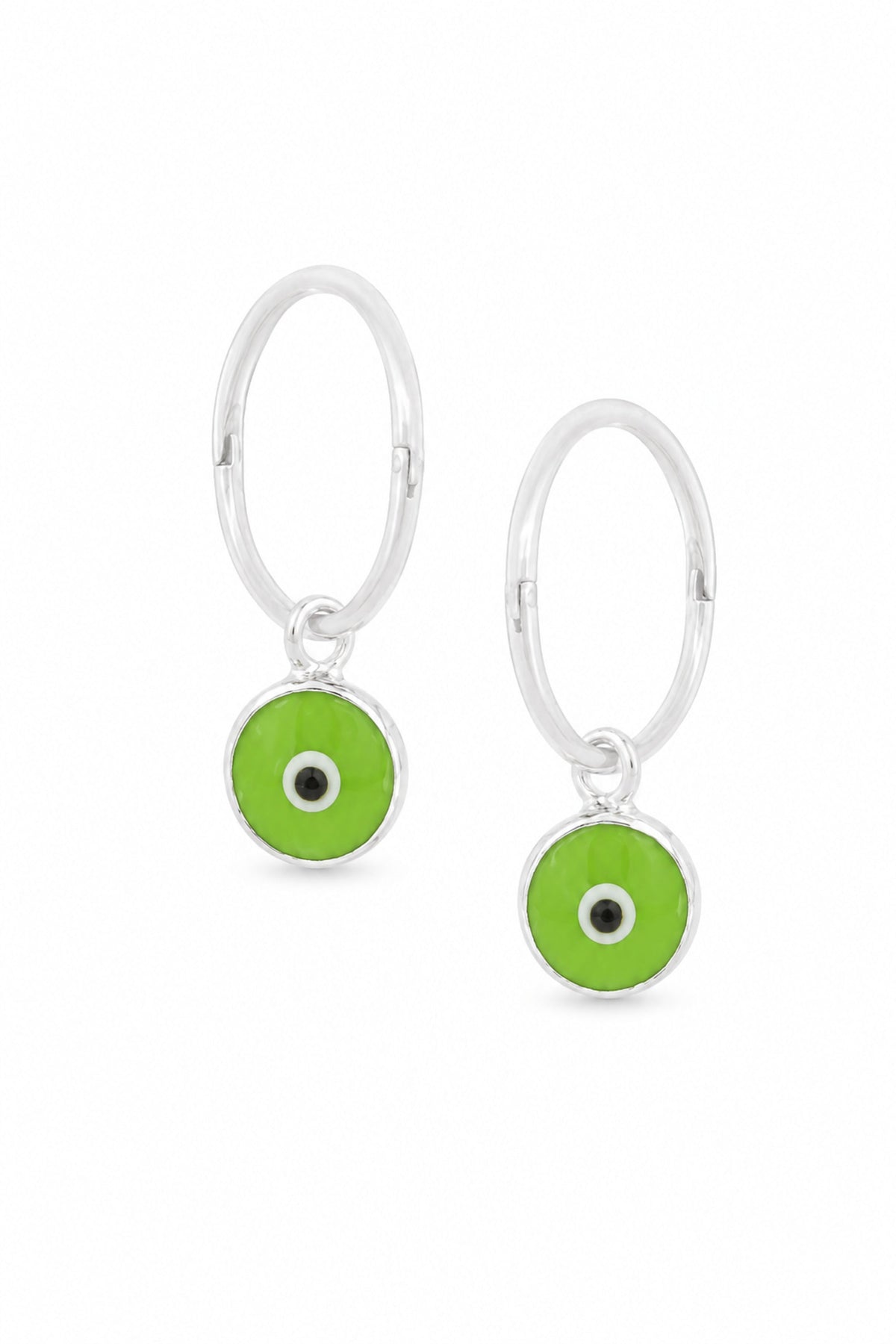 Green evil eye sterling silver charm sleeper earrings on a white background