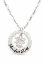 Sterling silver Circle of Life Guardian Angel necklace with oxidised Scarlett Rose engraving