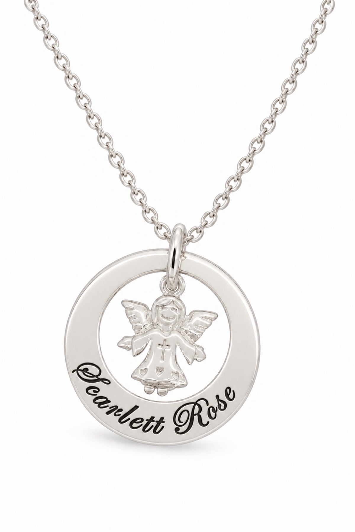 Sterling silver Circle of Life Guardian Angel necklace with oxidised Scarlett Rose engraving
