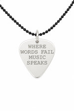 Sterling silver guitar pick pendant with black ball chain and natural stamping