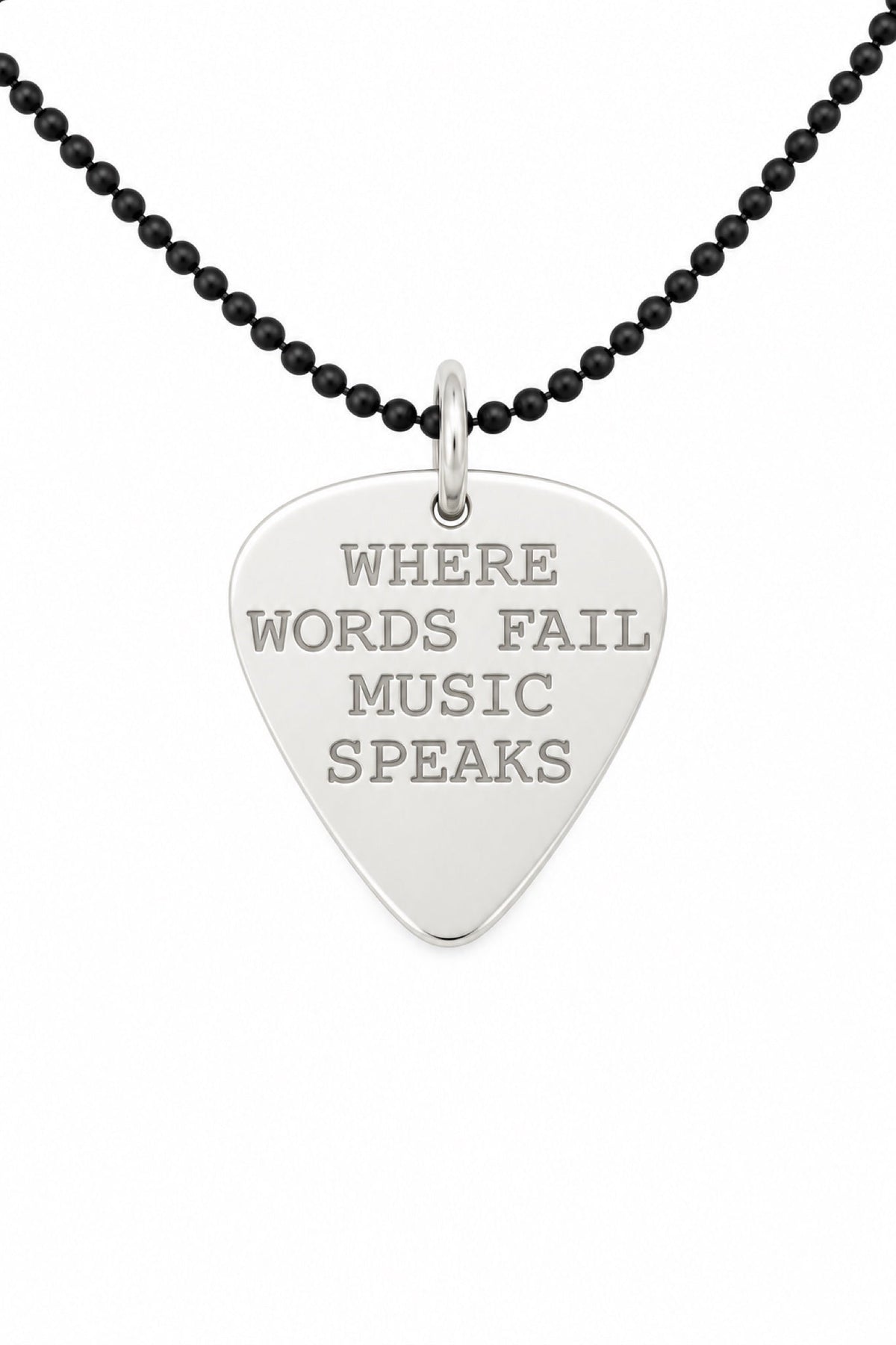 Sterling silver guitar pick pendant with black ball chain and natural stamping