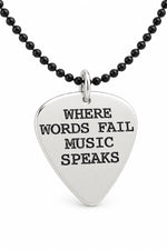 Sterling silver guitar pick pendant with black ball chain and oxidised stamping