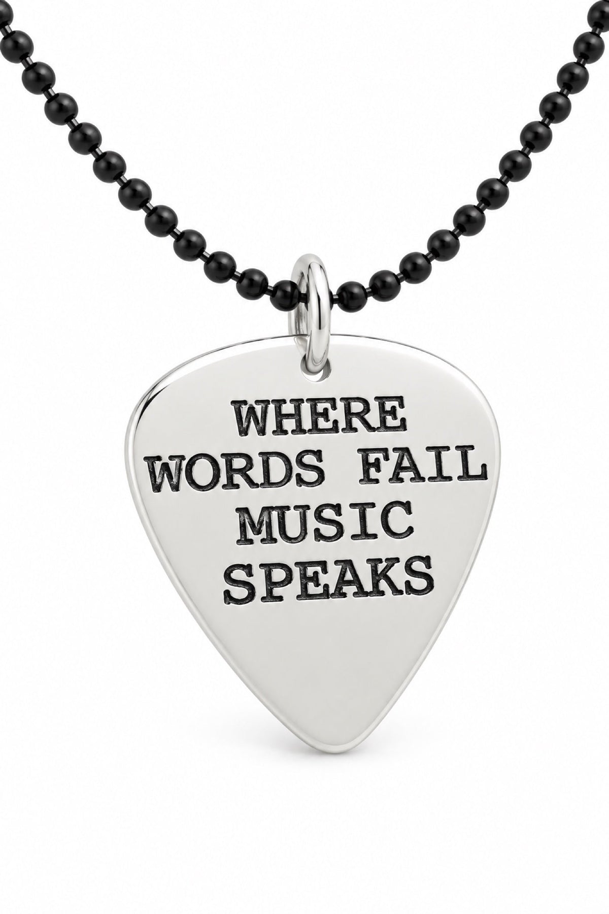 Sterling silver guitar pick pendant with black ball chain and oxidised stamping