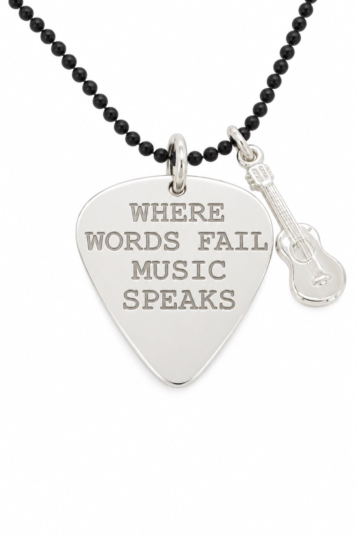 Sterling silver guitar pick pendant with guitar charm, black ball chain and natural stamping