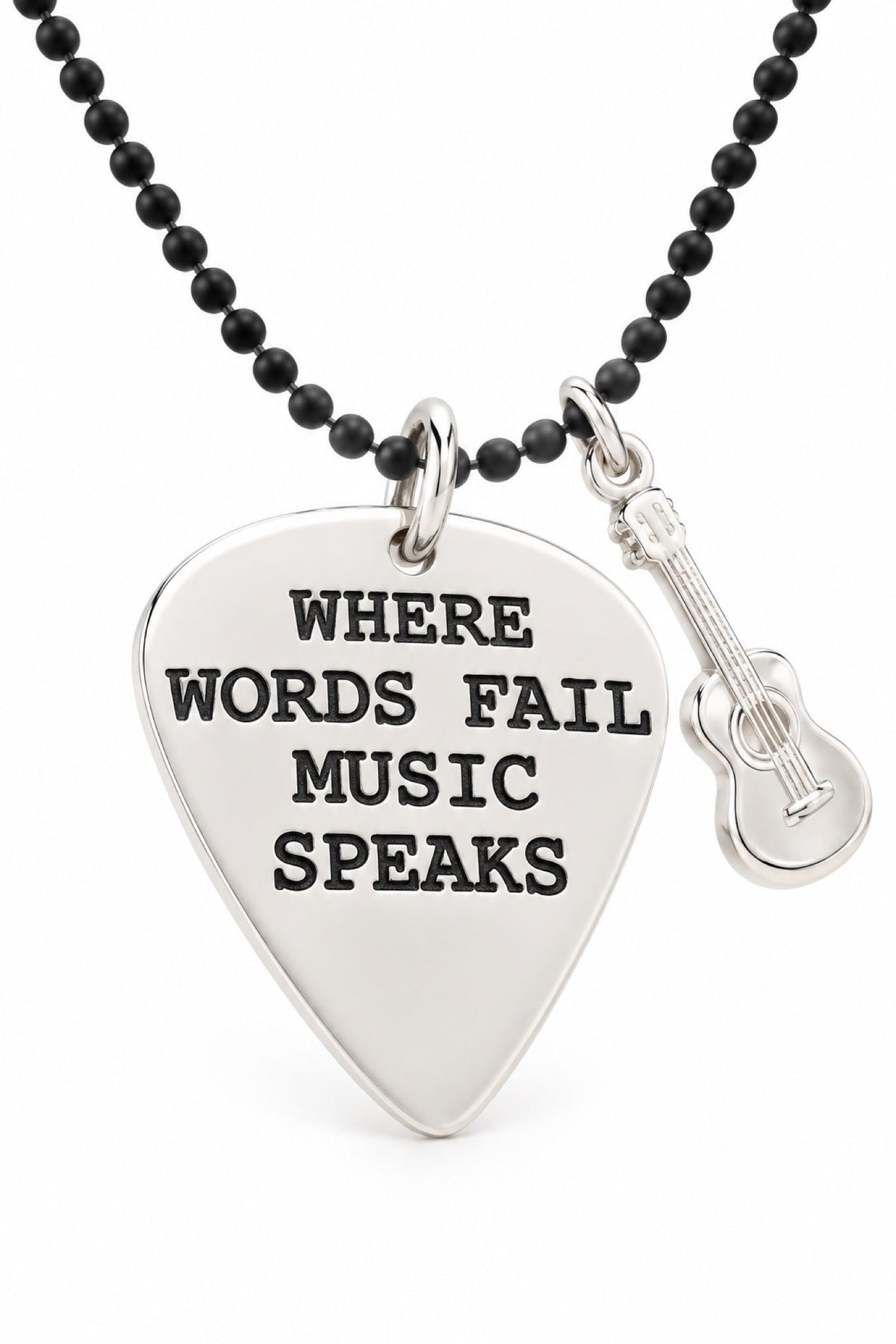 Sterling silver guitar pick pendant with guitar charm, black ball chain and oxidised stamping