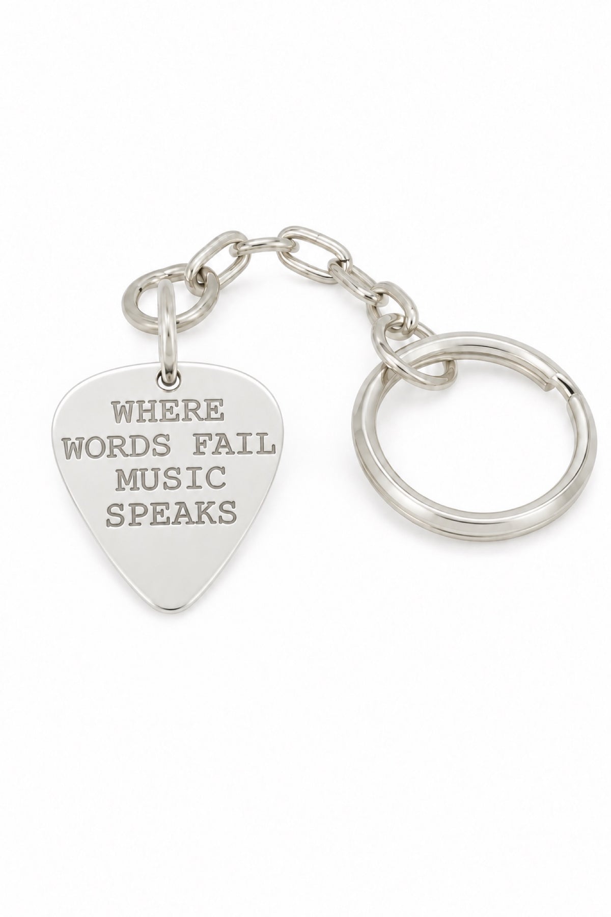 Sterling silver guitar pick message keyring with natural stamping