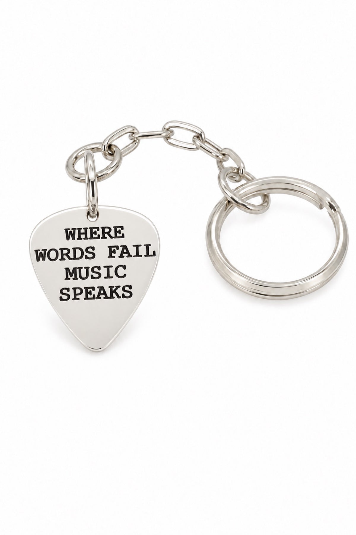 Sterling silver guitar pick message keyring with oxidised stamping