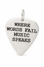 Sterling silver guitar pick message pendant with oxidised stamping
