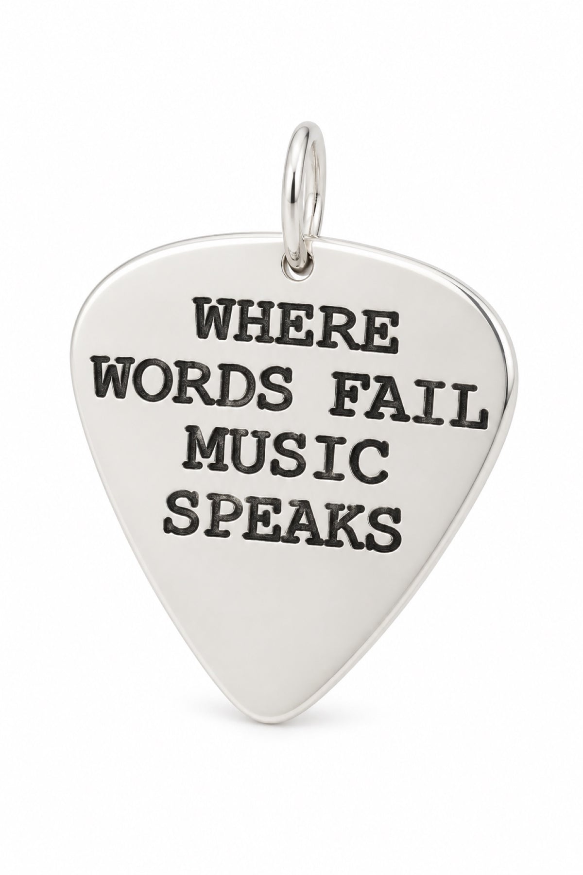 Sterling silver guitar pick message pendant with oxidised stamping