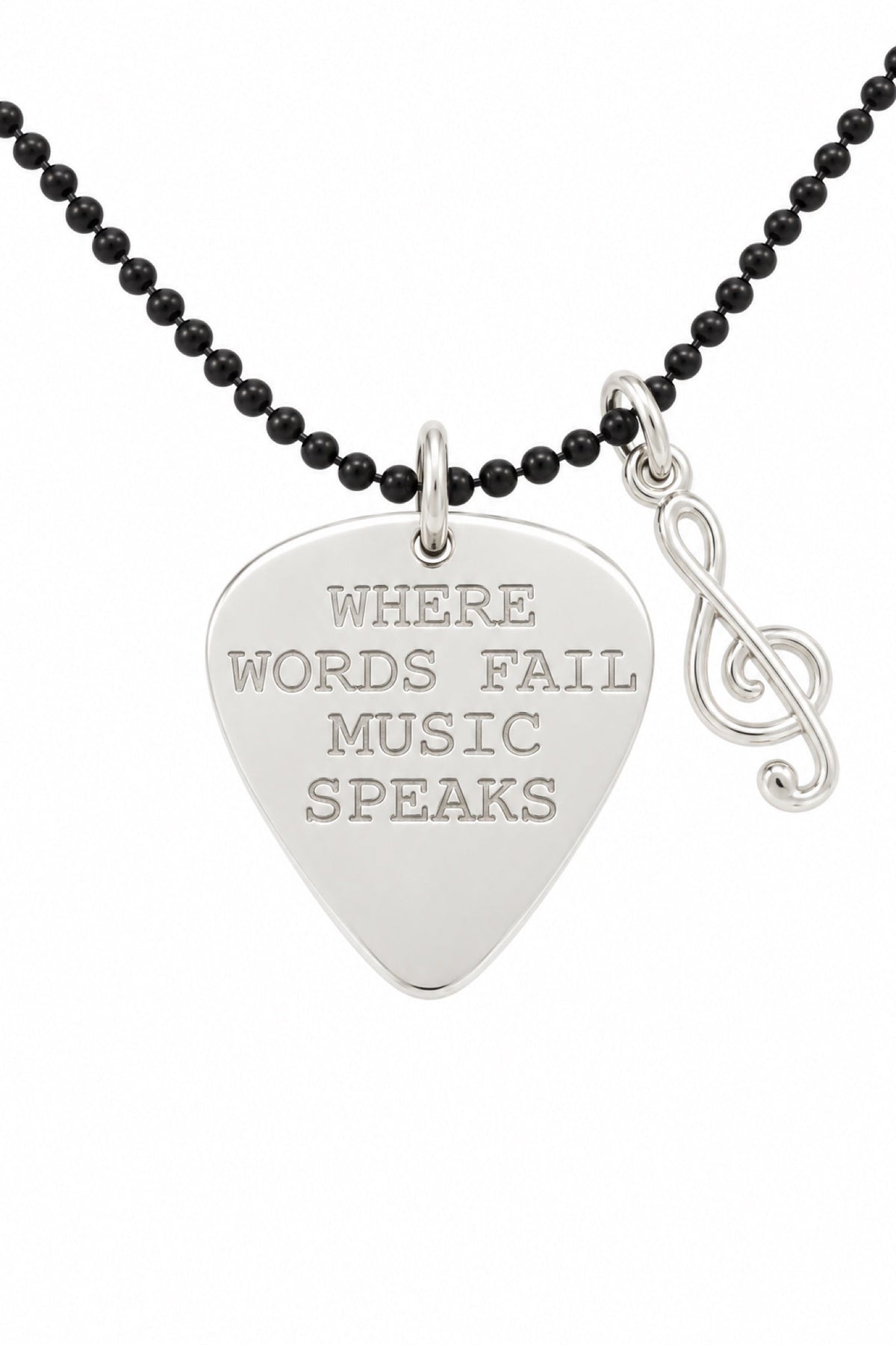 Sterling silver guitar pick pendant with treble-clef charm, black ball chain and natural stamping