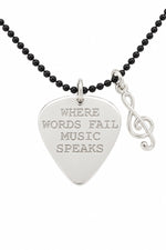 Sterling silver guitar pick pendant with treble-clef charm, black ball chain and natural stamping