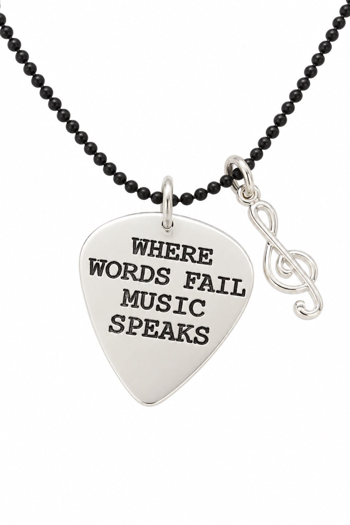 Sterling silver guitar pick pendant with treble-clef charm, black ball chain and oxidised stamping