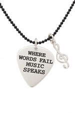 Sterling silver guitar pick pendant with treble-clef charm, black ball chain and oxidised stamping