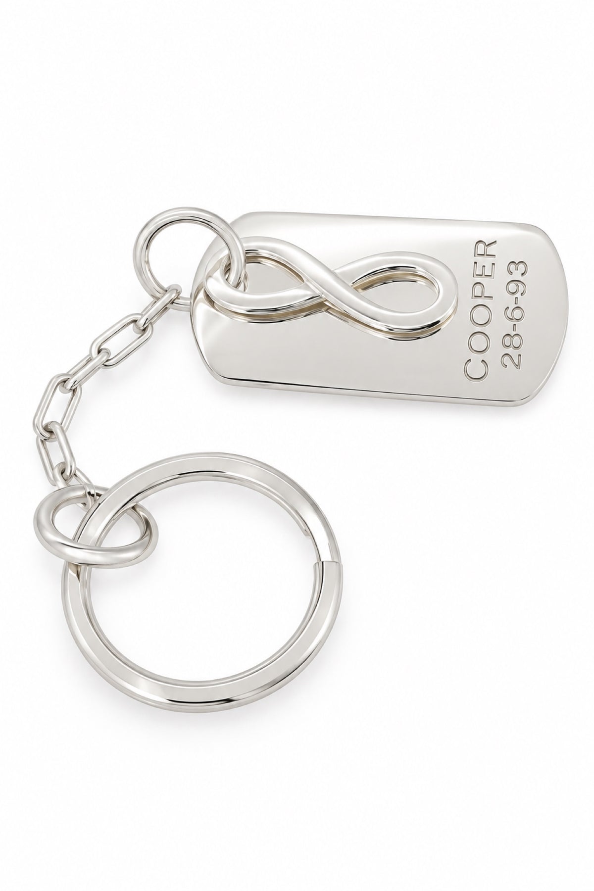 Sterling silver infinity dog tag keyring with natural COOPER engraving