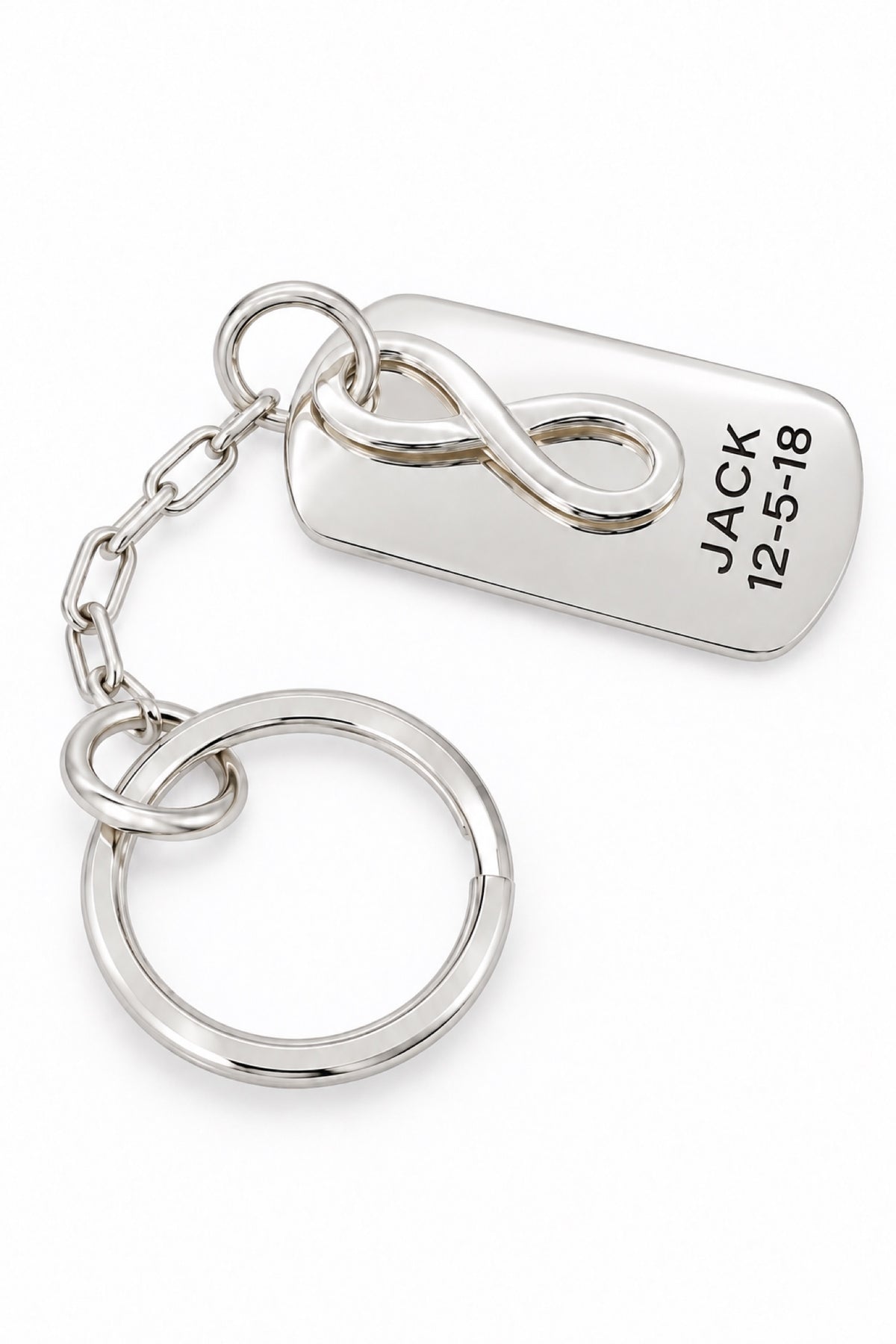 Sterling silver infinity dog tag keyring with oxidised JACK engraving
