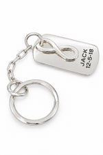 Sterling silver infinity dog tag keyring with oxidised JACK engraving