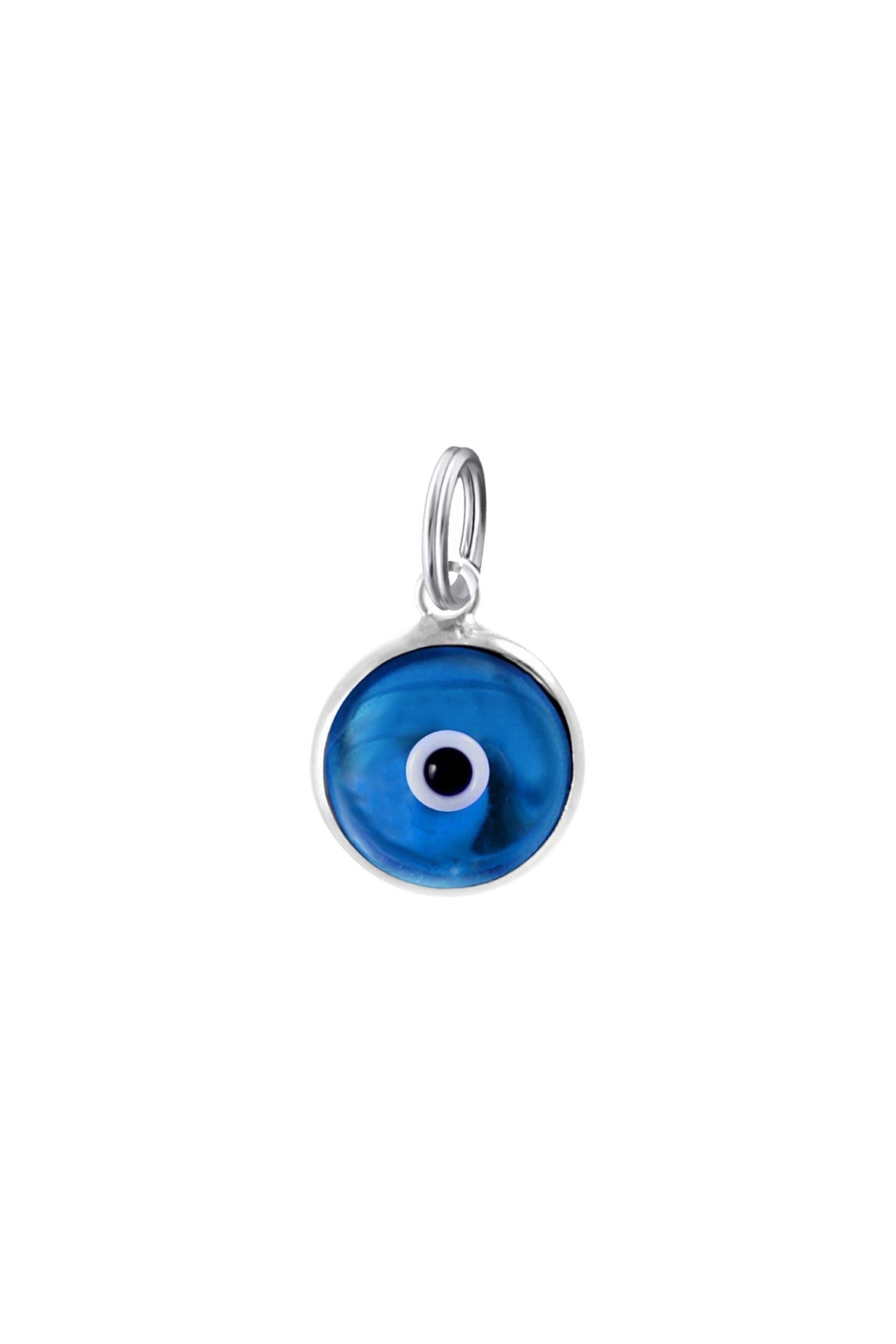 Lucky protection evil eye charm in sterling silver on a white background