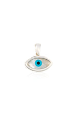 Mother of pearl evil eye charm pendant in sterling silver on a white background