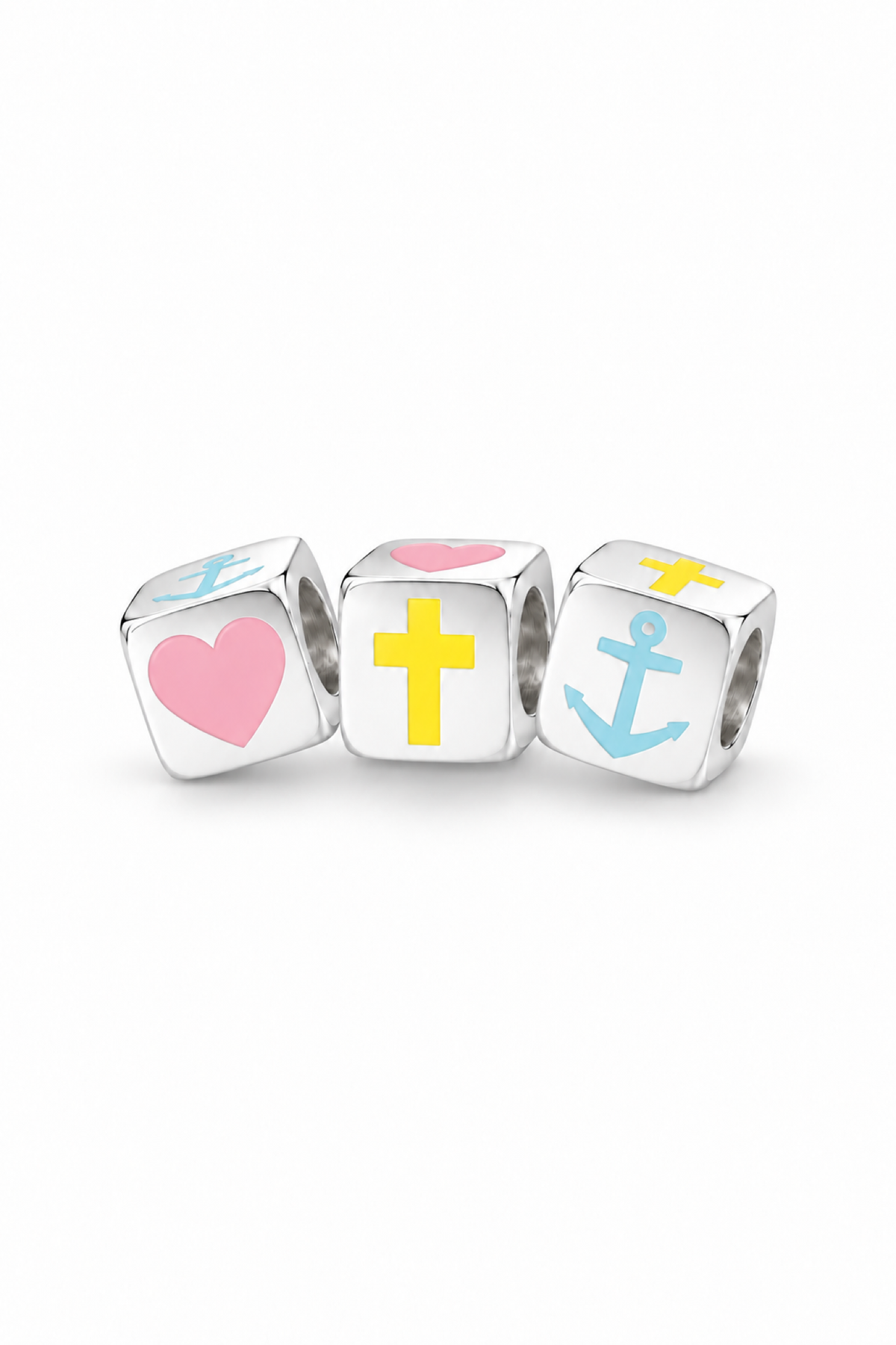 My Little Angel Babylinks Faith Hope Charity sterling silver cube charm showing heart cross and anchor