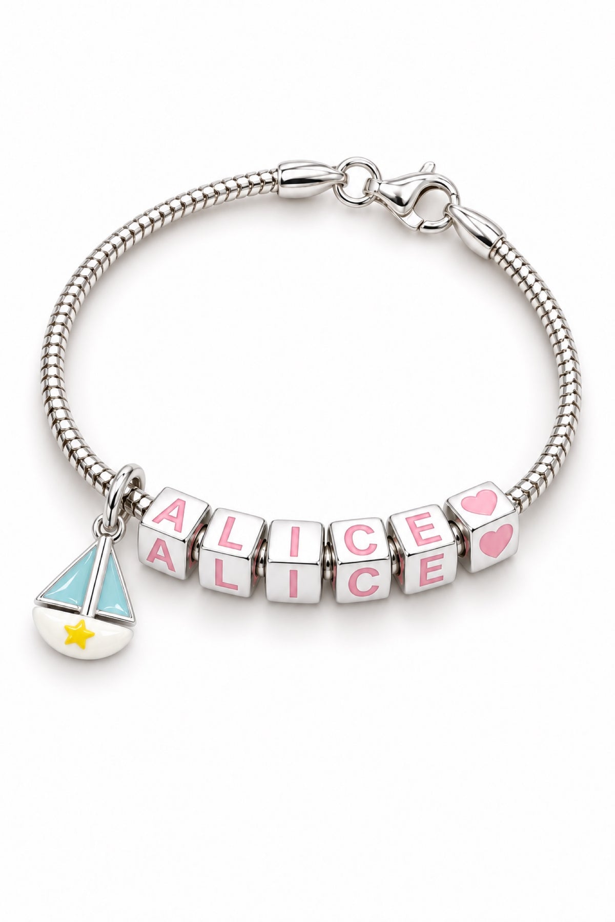 Babylinks bracelet spelling ALICE with sailing boat and heart charms