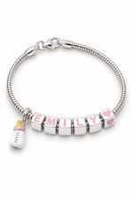 Babylinks bracelet spelling EMILY with baby bottle and heart charms