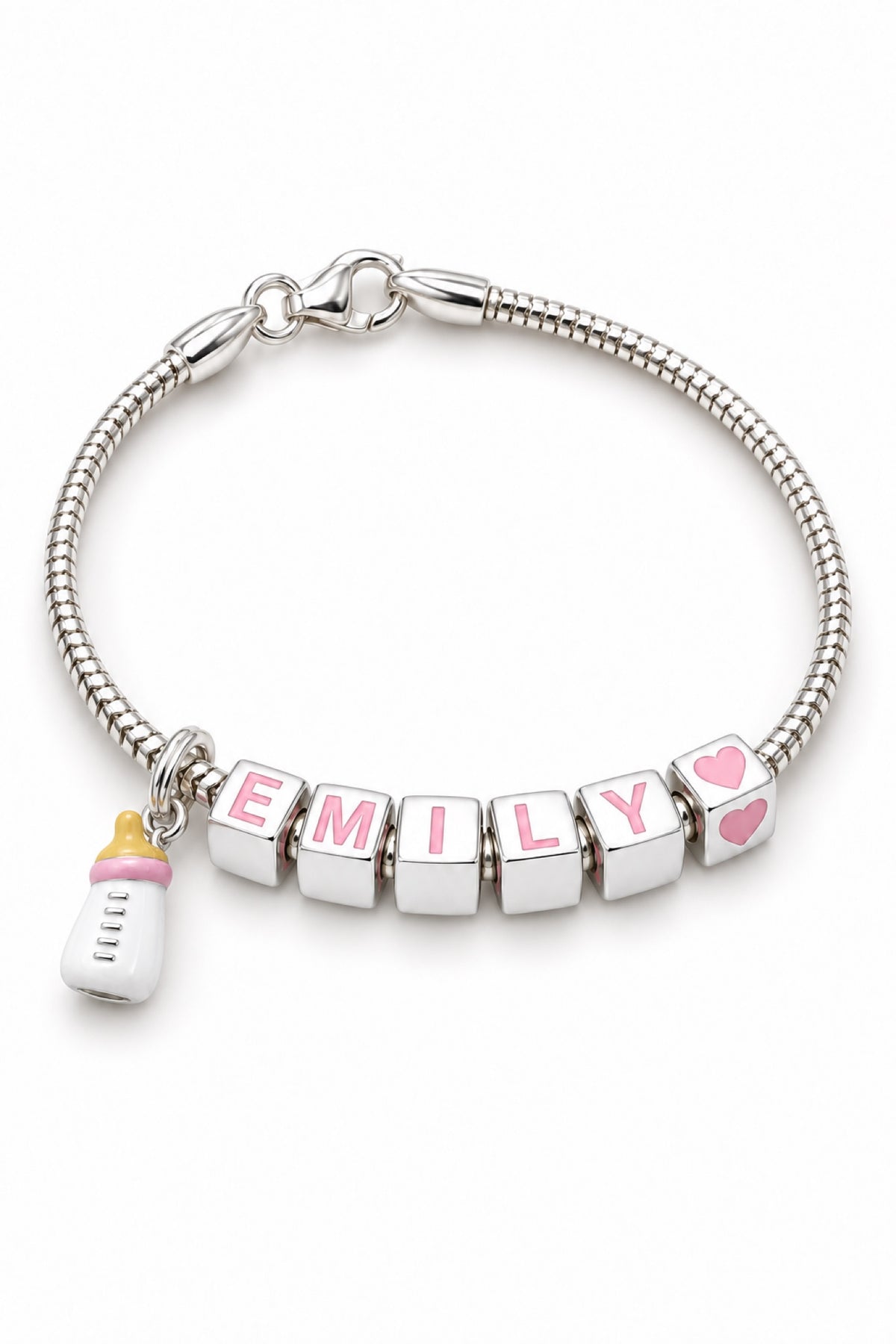 Babylinks bracelet spelling EMILY with baby bottle and heart charms