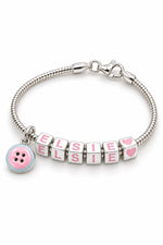 Babylinks bracelet spelling ELSIE with button and heart charms