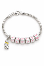 Babylinks bracelet spelling POPPY with pussy cat and heart charms