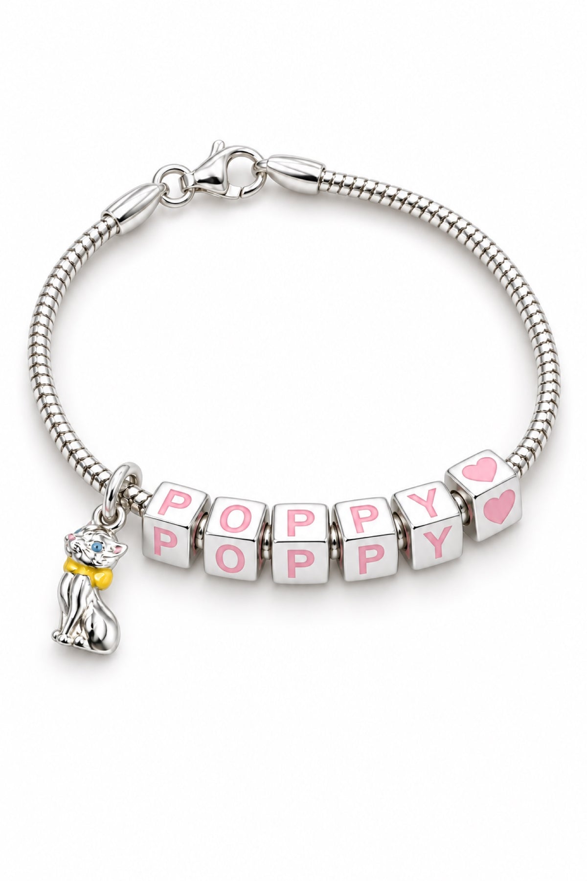 Babylinks bracelet spelling POPPY with pussy cat and heart charms