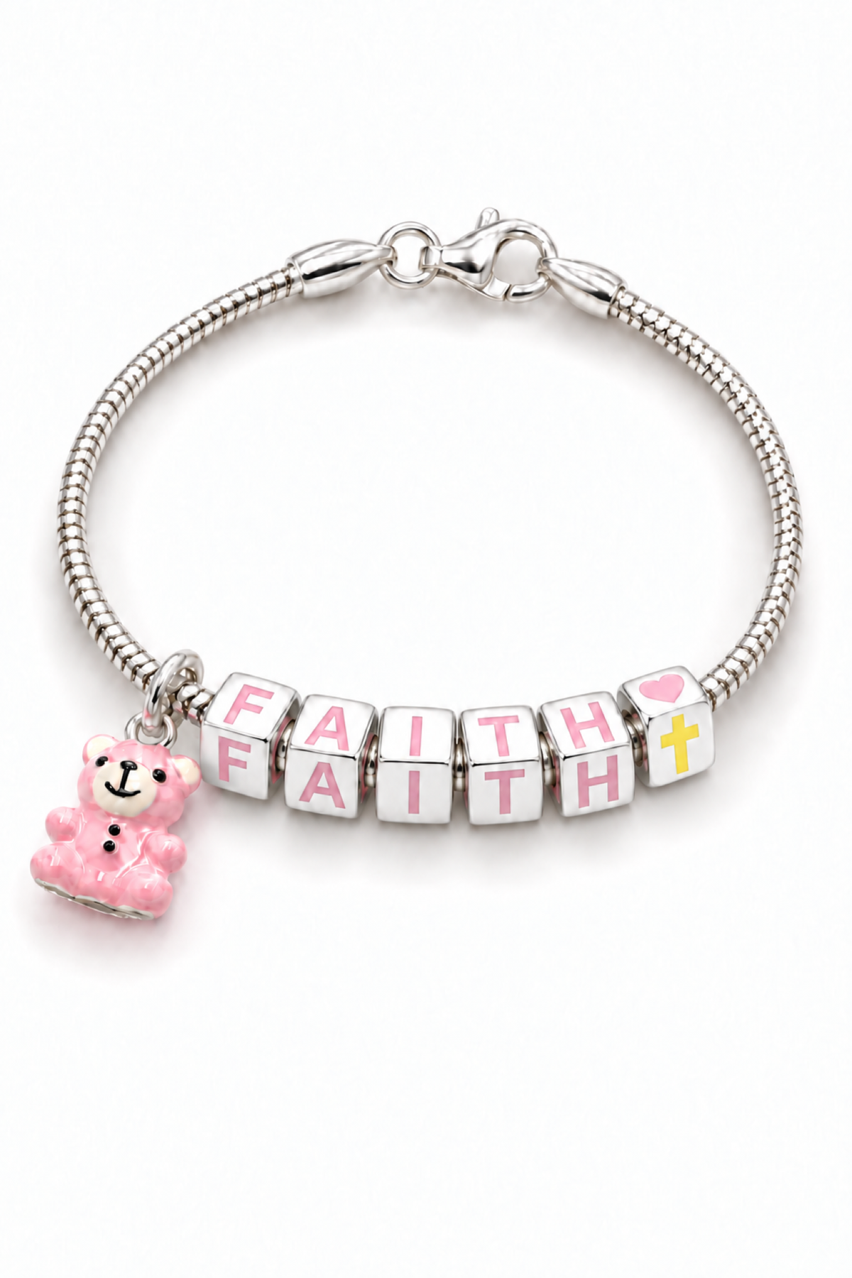 My Little Angel Babylinks bracelet spelling FAITH with Faith Hope Charity cube and pink teddy bear charm