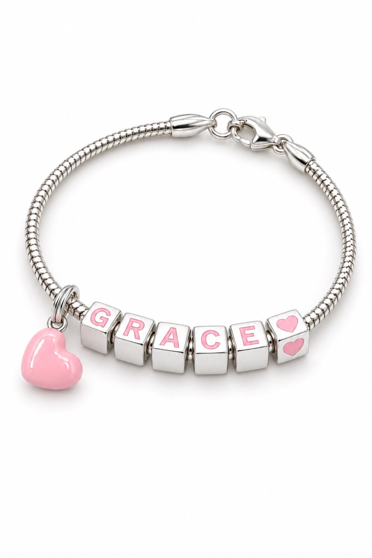Babylinks bracelet spelling GRACE with pink heart charms