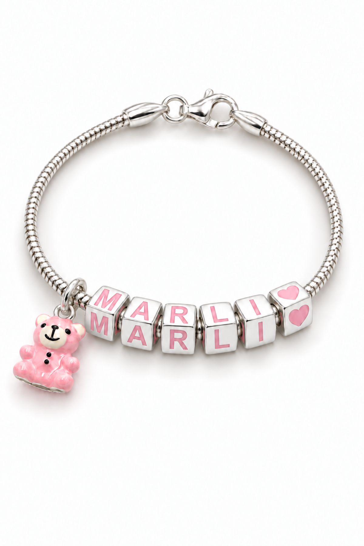 My Little Angel Babylinks bracelet spelling MARLI with pink teddy bear charm