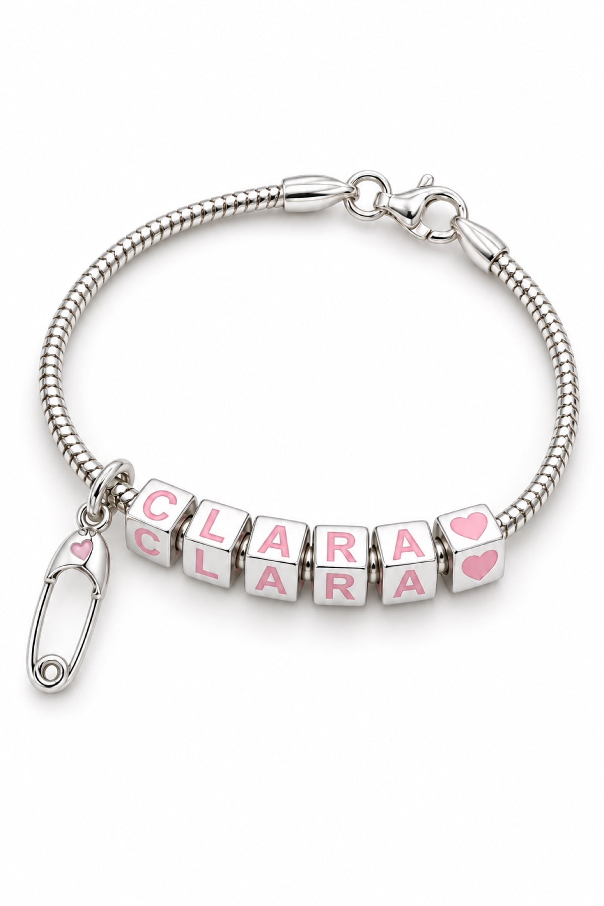 Babylinks bracelet spelling CLARA with nappy pin and heart charms