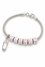 Babylinks bracelet spelling CLARA with nappy pin and heart charms