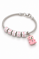 Pink teddy bear charm on Babylinks bracelet spelling CHLOE