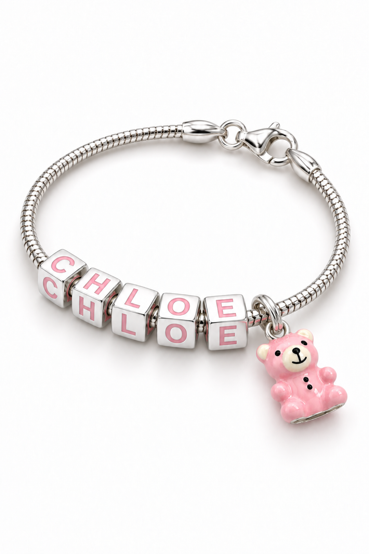 Pink teddy bear charm on Babylinks bracelet spelling CHLOE