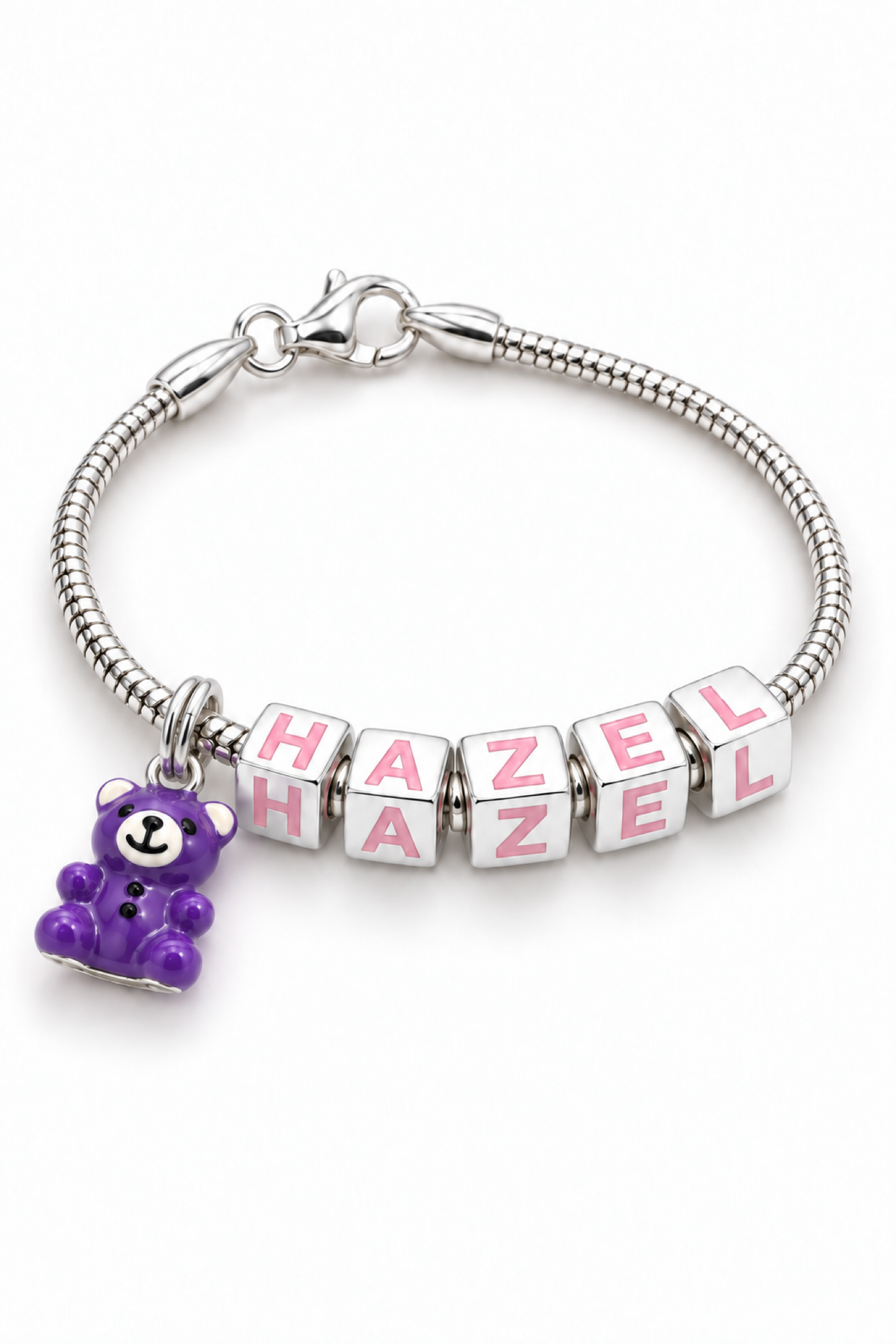 Purple teddy bear charm on Babylinks bracelet spelling HAZEL