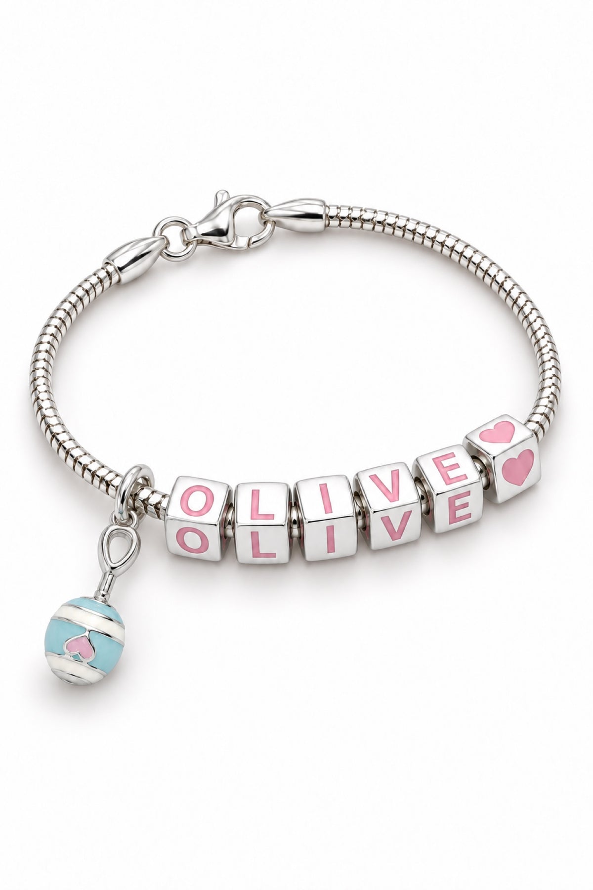 Babylinks bracelet spelling OLIVE with rattle and heart charms