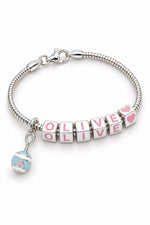 Babylinks bracelet spelling OLIVE with rattle and heart charms