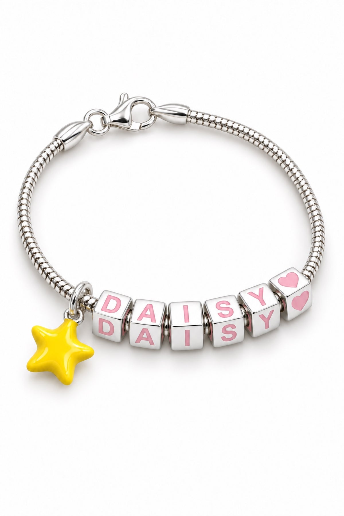 Babylinks bracelet spelling DAISY with star and heart charms