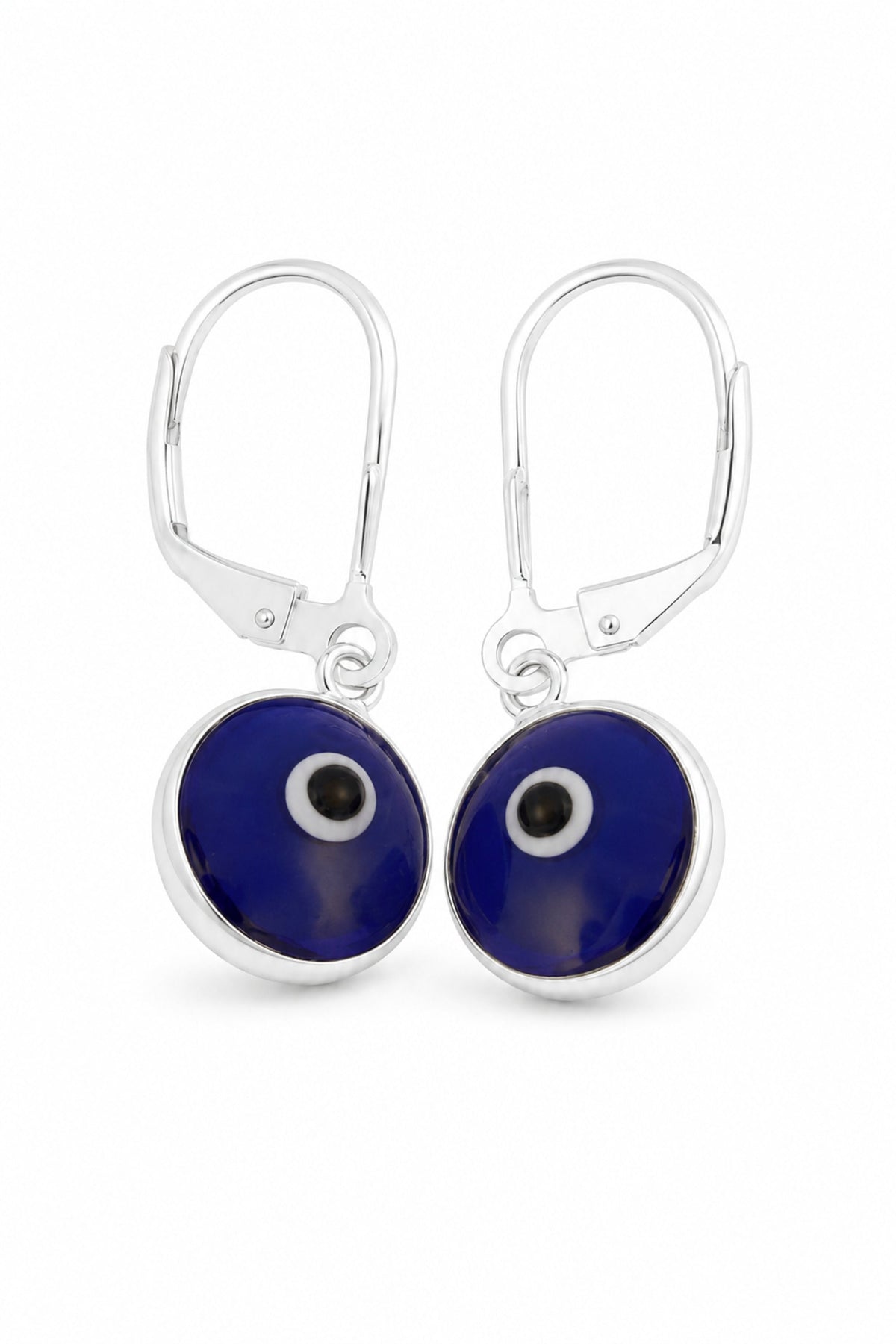 Sterling silver 9mm navy-blue evil eye safety-hook earrings on a pure white background